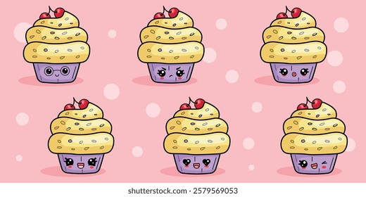 Set of cute cupcakes with different emotions in kawaii style.Vector illustration of sweet dessert	