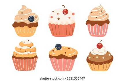 Set süßer Cupcakes, Symbol einzeln auf weißem Hintergrund. Süßer leckerer Cupcake, cremiger Kuchen, Muffin-Kollektion, Vektorgrafik. 