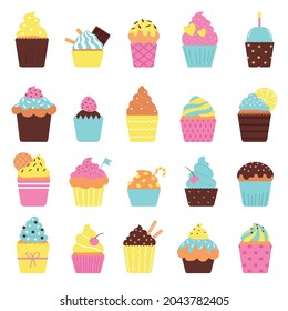 Set of cute cupcakes isolated on white background. Vector illustration in flat style