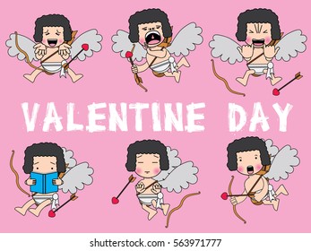 set of cute cupid angel. Romance cupid angel on pink backgournd, wide vector design.