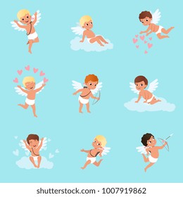 Set of cute cupid boys in different actions. Flying, sitting on clouds, spreading love. Mythical archers. Angels of love with little white wings. Flat vector design