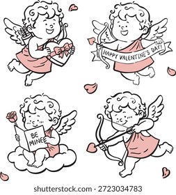Conjunto de bonitos personagens cupido em várias poses. Seta de tiro, prenda e cartão de leitura. Coleção de vetores desenhada à mão do Dia dos Namorados.