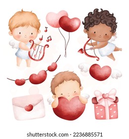 Conjunto de adorables elementos cupido y amoroso. Ilustración de acuarela. Ideal para tarjetas y saludos.