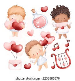 Conjunto de adorables elementos cupido y amoroso. Ilustración de acuarela. Ideal para tarjetas y saludos.