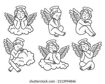 Set of cute cupid on the cloud. Collection of cupid in different poses with wing and nimbus. Love symbol. Vector illustration for Valentine's Day. Romantic angel. Tattoo.
