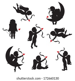 Set of cute cupid silhouettes with  bow and arrows. Vector illustration on white background.