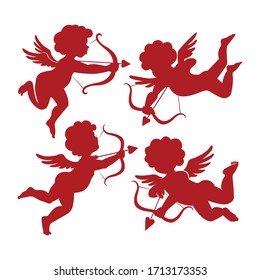 Set Of Cute Cupid Silhouettes, Sign Isolated, Vector