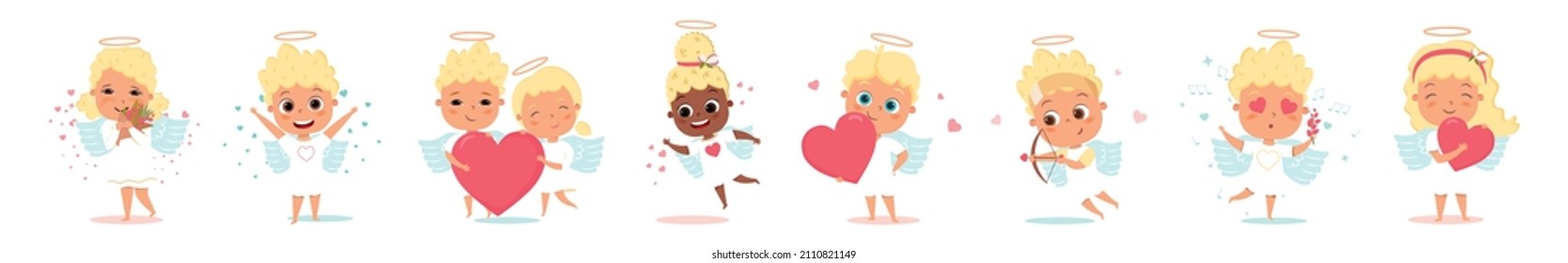 Conjunto de lindos ángeles cúpidos en diferentes poses. Feliz Día de San Valentín. Colección de diferentes ángeles enamorados, con corazones, disparando un arco, tocando música. Ilustración vectorial plana sobre un fondo blanco.