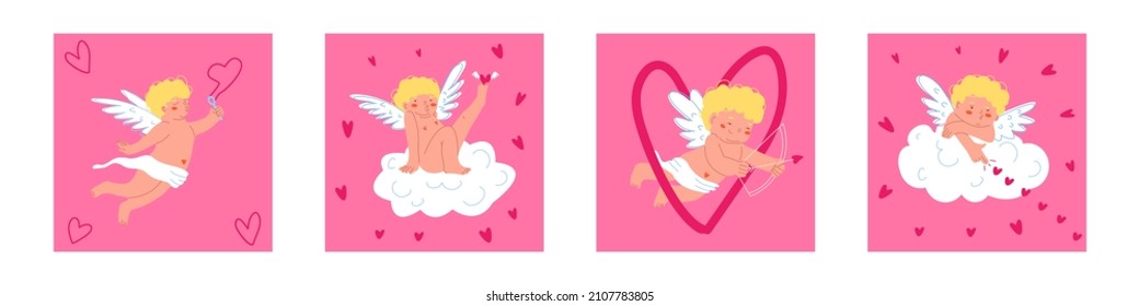 Un conjunto de adorables Cupidos para tarjetas de felicitación. Elementos y carácter para los saludos de San Valentín. Ilustración vectorial.