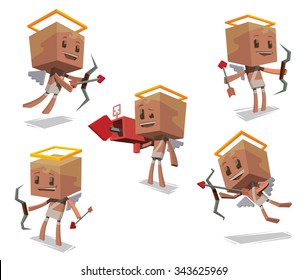 Set of Cute cupids in white clothes with white wings behind holding bows and arrows, One cupids holding a bazooka shoots a heart. They prepare to Valentines day, did in cube style.  vector