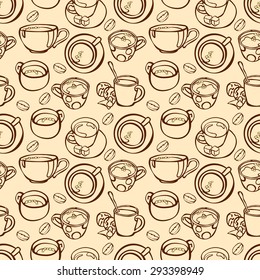 Set of cute cups, mugs. Coffee mug, tea cup, cup of hot chocolate. Vector seamless illustration (background, wallpaper). Color pattern.