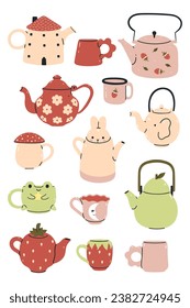 Set of cute cups and teapots isolated on white background. Vector graphics.