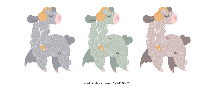 Set of cute curly llamas in headphones with a music player in a different colors. Illustration for coloring pages, children prints and publications