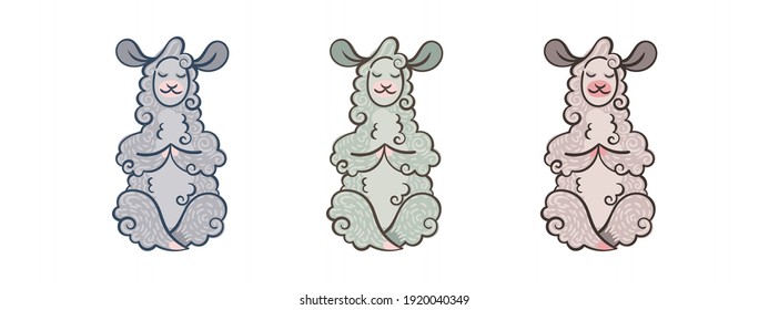 Set of cute curly llamas meditates in the lotus position. Illustration in different colors for coloring pages, children and adult prints, baby shower, yoga, health, mind development