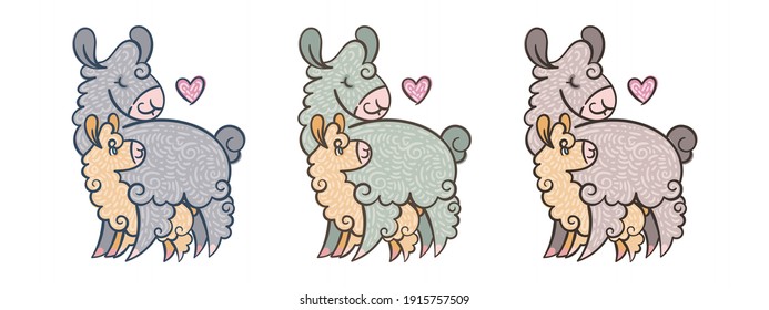 Set of cute curly llamas mom with baby. Illustration in different colors for coloring pages, children and adult prints, Mother Day