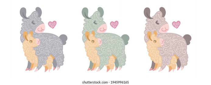 Set of cute curly llamas mom with baby. Illustration in different colors for coloring pages, children and adult prints, Mother Day