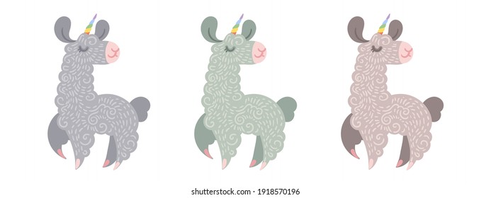 Set of cute curly llama-unicorns who flying and dancing with happiness. Illustration in different colors for coloring pages, children and adult prints, baby shower