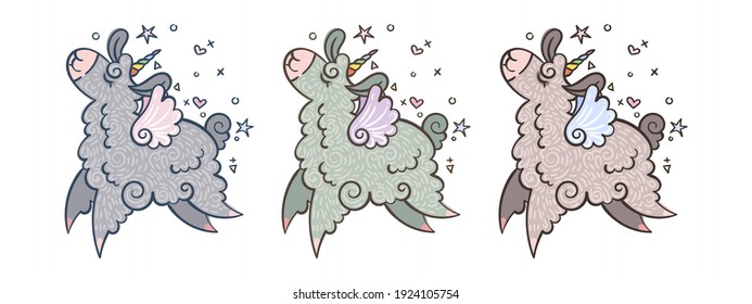 Set of cute curly llama-unicorns who flying and dancing with happiness. Illustration with border in different colors for coloring pages, children and adult prints, baby shower