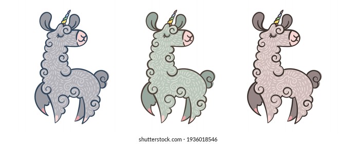 Set of cute curly llama-unicorns who flying and dancing with happiness. Illustration with border in different colors for coloring pages, children and adult prints, baby shower