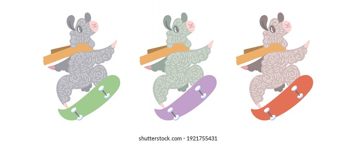 Set of a cute, curly-haired llamas rides a skateboard. Ilustration in different colors for coloring pages, prints for children and adults, sports, healthy lifestyle