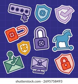 set of cute cyber security colorful sticker	