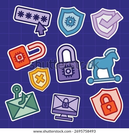 set of cute cyber security colorful sticker	