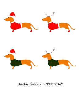 Conjunto de adorables dachshund marrón con traje de Navidad aislado en fondo blanco. Ilustración vectorial de estilo plano