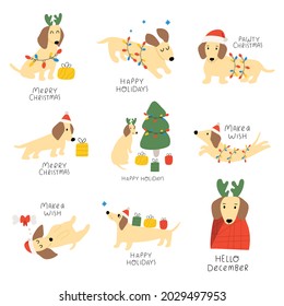 Set of cute dachshunds for Christmas. Hand drawn vector illustrations on white background. 