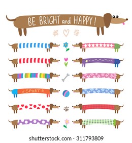 Set of cute dachshunds dogs in bright multicolored clothing