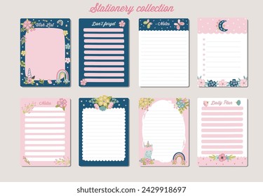 Set of cute daily planners with flowers and unicorns. Girly sweet collection of daily stationery, cute trendy illustrations for kids and teens