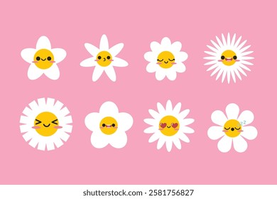 "Set of cute daisy flowers with cartoon funny smiling faces, chamomile characters. Cute chamomile happy emotion. Suitable for clip art, stickers, flat design illustration, etc
"
