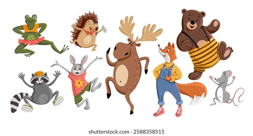 Set of cute dancing animals in cartoon style