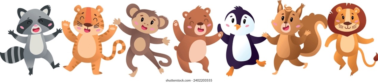 Conjunto de lindos animales bailando. Habitantes de bosques y sabanas. Pingüino, león, mono, mapache y oso. Vida silvestre y fauna. Ardilla y tigre. Colección vectorial plana de dibujos animados aislada en fondo blanco