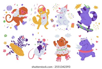 Conjunto de bonitos animais dançarinos. Macaco, gato, guaxinim, zebra, rato, urso. Feriado, festa, aniversário. Fones de ouvido, microfone, patins, skate. Ilustração vetorial isolada sobre fundo branco.