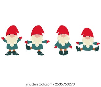 Set of cute dancing gnomes in one line, hand drawn vector illustration