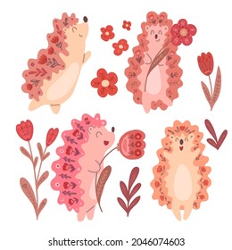 Set of cute dancing hedgehogs with flowers and folk decoration isolated from background. Delicate vector animals and floral ornament. Card and poster for the nursery