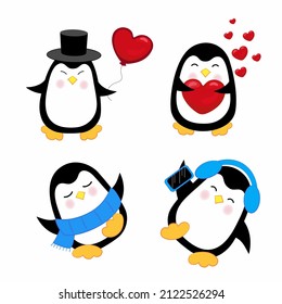 A set of cute dancing, listening to music and funny penguins.  Holiday penguin characters isolated vector illustration set. Funny holidays penguins. Character bird dancing illustration.