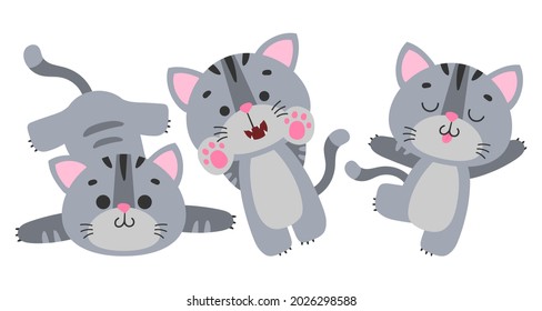 Set of cute dancing, lying cat, kitten, kitty with black stripes and pink nose, ears on white background. Vector illustration for postcard, banner, web, decor, design, arts, calendar.