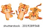 Set of cute dancing, lying tiger, tiger cub with brown stripes, symbol of new 2022 year on white background. Vector illustration for postcard, banner, web, decor, design, arts, calendar.