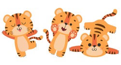 Set Of Cute Dancing, Lying Tiger, Tiger Cub With Brown Stripes, Symbol Of New 2022 Year On White Background. Vector Illustration For Postcard, Banner, Web, Decor, Design, Arts, Calendar.