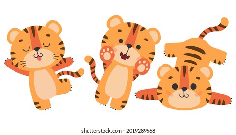 Set of cute dancing, lying tiger, tiger cub with brown stripes, symbol of new 2022 year on white background. Vector illustration for postcard, banner, web, decor, design, arts, calendar.