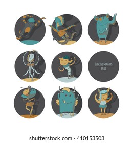 Set of cute dancing monsters, vector color illustration, each creature in a circle, isolated on white background, fun, with moving hands, legs. Icons perfect for ballet school or studio, dance studio.