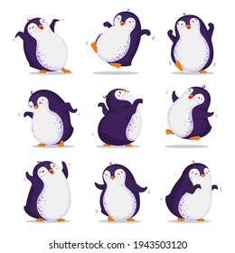 Set of cute dancing penguins in different poses. Vector illustration in cartoon style. All elements are isolated. White background.