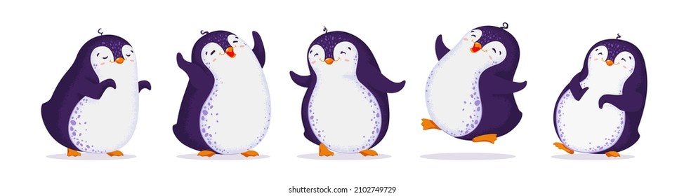 Set of cute dancing penguins in different poses. Vector illustration in cartoon style. All elements are isolated. White background.
