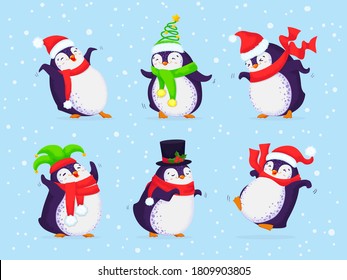 Set of cute dancing penguins on blue background. Holiday Christmas greeting card. Vector illustration in cartoon style. Great for prints, decor and web design. All elements are isolated. 
