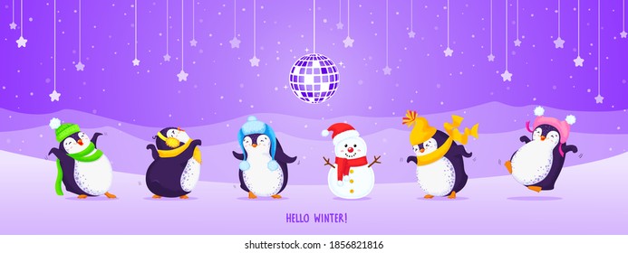 Set of cute dancing penguins in winter hats. Violet background with snowman, disco ball, snowflakes, stars and mountains. Vector cartoon illustration. Great for banners, prints, decor and web design.