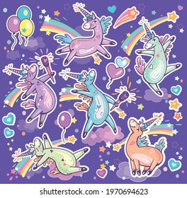 Set of cute dancing and singing Unicorns design for fashion graphics, t shirts, prints, posters, stickers etc