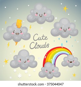 Set with cute dark clouds, different weather, children's illustration, vector.