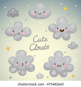 Set with cute dark clouds of different shapes, vector.