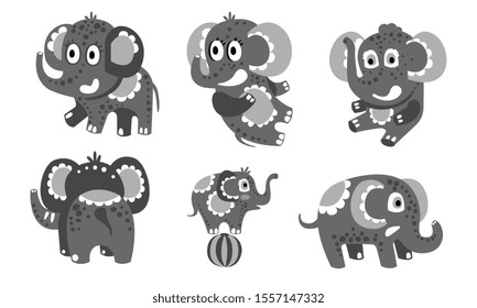 Set of cute dark gray elephants. Vector illustration.